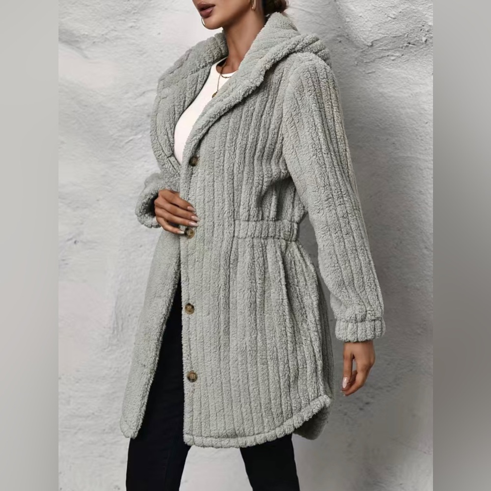 Button Front Hooded Teddy Coat, Casual Solid Long Sleeve Winter Warm Outerwear,